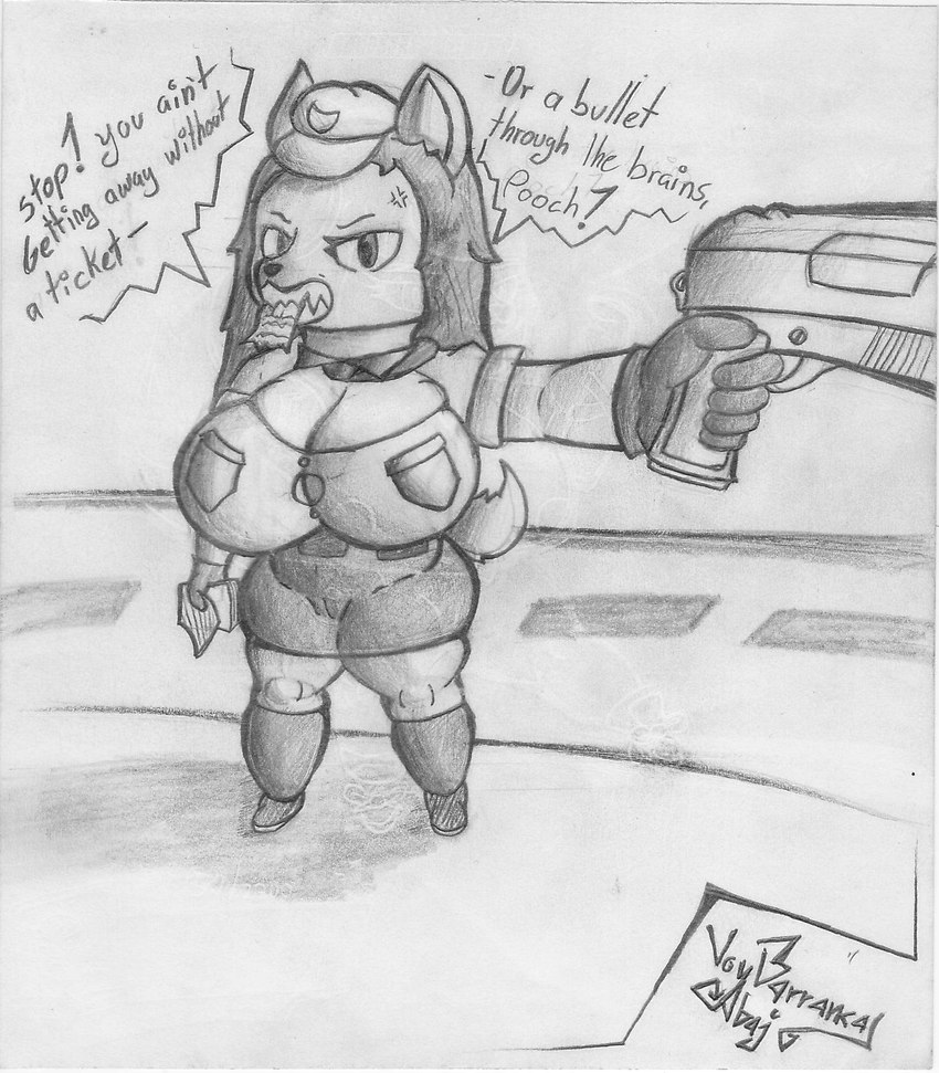 angry anthro big_breasts black_hair bottomwear breasts camel_toe cleavage clothed clothing dialogue female gun hair handgun hat headgear headwear holding_gun holding_object holding_ranged_weapon holding_weapon pistol police police_uniform ranged_weapon skirt solo speech_bubble tail teeth text tight_clothing uniform weapon wide_hips voy_barranca_abajo officer_pai_(miso_souperstar) canid canine canis domestic_dog german_shepherd herding_dog mammal pastoral_dog english_text graphite_(artwork) greyscale hi_res monochrome traditional_media_(artwork)