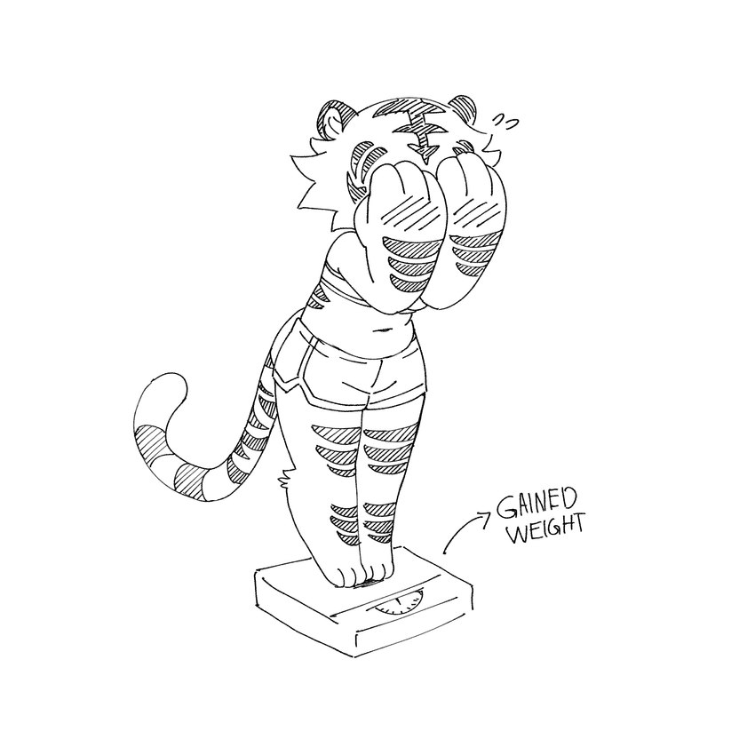 3_toes anthro barefoot biped blush blush_lines clothed clothing feet female fur midriff paws solo striped_body striped_fur stripes tail text toes weighing_scale drawligator aura_(drawligator) felid mammal pantherine tiger 1:1 english_text hi_res monochrome