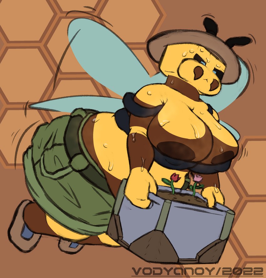 anthro belly big_breasts bodily_fluids breasts breath bulging_breasts cute_fangs fangs female grumpy nipples panting slightly_chubby solo steam sweat teeth vodyanoy5 bertha_(vodyanoy) arthropod bee humanoid hymenopteran insect absurd_res hi_res