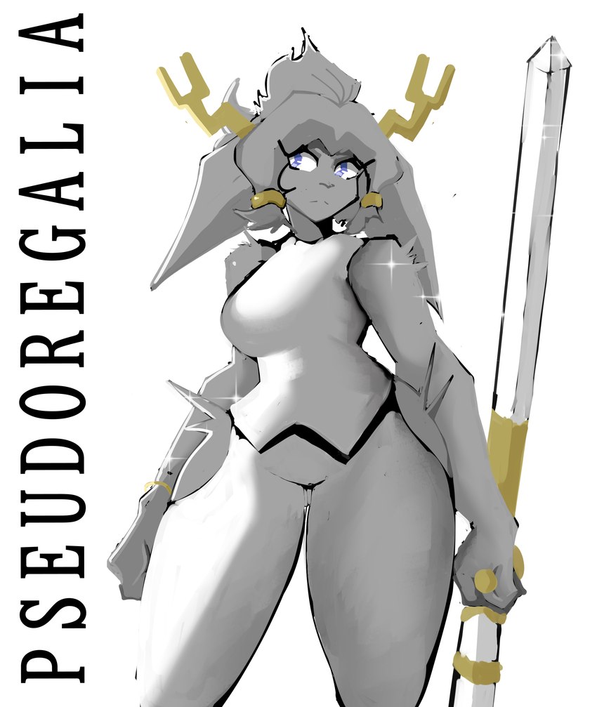 2_horns anthro antlers big_breasts blue_eyes bracelet breasts butt butt_from_the_front clothed clothing curvy_figure dream_breaker_(pseudoregalia) eyelashes female fingers floppy_ears front_view fully_clothed fur grey_body grey_fur grey_hair hair hip_tuft holding_melee_weapon holding_object holding_sword holding_weapon horn hourglass_figure jewelry leggings legwear melee_weapon mouth_closed pupils simple_background small_waist solo standing sword text thick_thighs thigh_gap topwear tuft weapon white_background white_clothing white_leggings white_legwear white_pupils white_topwear wide_hips yellow_bracelet ertoles pseudoregalia sybil_(pseudoregalia) bovid caprine goat jackalope lagomorph leporid mammal rabbit 2024 absurd_res copyright_name digital_media_(artwork) hi_res portrait shaded three-quarter_portrait