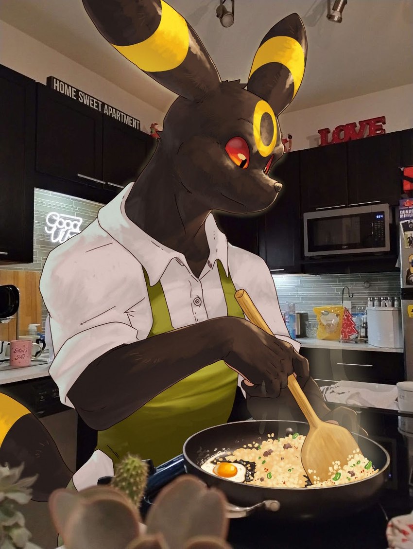 anthro apron black_arms black_body black_ears black_fingers black_fur black_hands black_nose black_tail clothed clothing cooking fingers fur green_apron green_clothing inside kitchen plant tail topwear white_clothing white_topwear yellow_ears yellow_tail dahecksajerry nintendo pokemon donovan_(dahecksajerry) eeveelution generation_2_pokemon pokemon_(species) umbreon 2023 hi_res