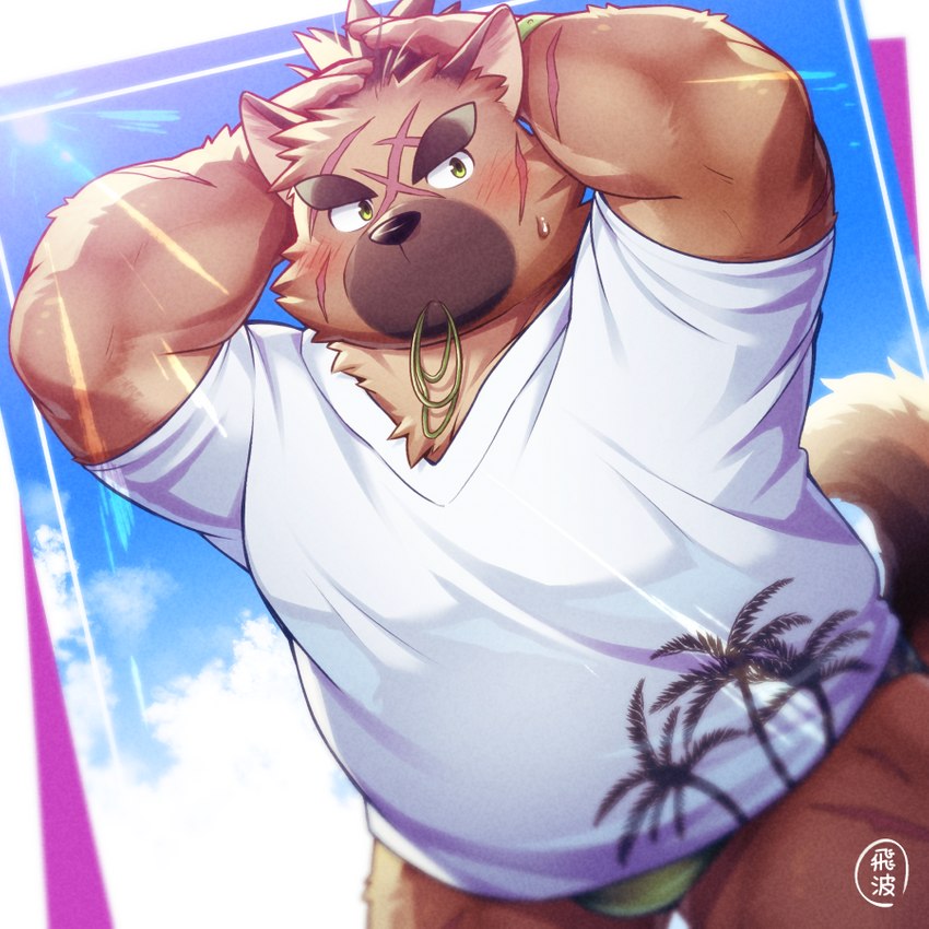 anthro belly blush brown_body brown_fur clothing fur humanoid_hands kemono male outside overweight overweight_male shirt solo swimwear topwear hinami lifewonders tokyo_afterschool_summoners yasuyori_(tas) canid canine canis domestic_dog mammal 1:1 2021