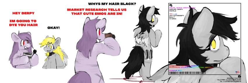 alternative_fashion black_hair blonde_hair camera duo emo female female/female feral hair hair_dye pink_hair scar scars_all_over text anti_e621 friendship_is_magic hasbro my_little_pony derpy_hooves_(mlp) pinkamena_(mlp) pinkie_pie_(mlp) absurd_res english_text hi_res