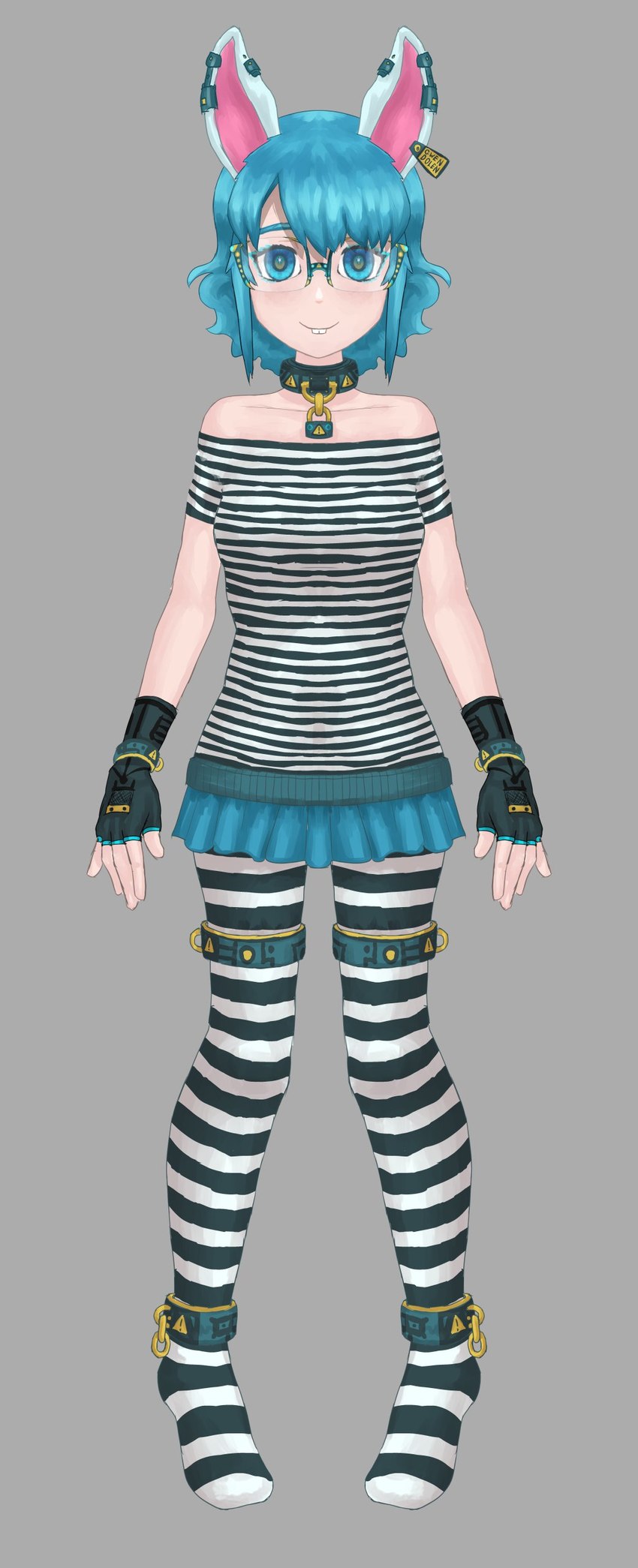 5_fingers anthro armlet bare_shoulders biped black_clothing black_fingerless_gloves black_gloves black_handwear black_legwear black_shirt black_stockings black_stripes black_text black_topwear blue_bottomwear blue_bracelet blue_clothing blue_eyelashes blue_eyes blue_hair blue_skirt bottomwear bracelet breasts buckteeth chain closed_smile clothed clothed_female clothed_humanoid clothing collar collarbone cuff_(restraint) ear_clip ear_piercing ear_tag exclamation_point eyelashes eyewear female female_humanoid fingerless_gloves fingers front_view glasses glistening glistening_eyes glistening_hair gloves grey_background hair handwear jewelry leglet legwear light_body light_skin lock looking_at_viewer medium_breasts mouth_closed orthographic pattern_clothing pattern_legwear pattern_shirt pattern_stockings pattern_topwear piercing pigeon_toed pink_inner_ear pleated_skirt restraints shackles shirt simple_background skirt smile smiling_at_viewer solo sparkles sparkling_eyes standing stockings striped_clothing striped_legwear striped_shirt striped_stockings striped_topwear stripes teeth text topwear warning_symbol white_clothing white_ears white_legwear white_shirt white_stockings white_stripes white_topwear yellow_chain gwenwinterheart gwendolen_winterheart animal_humanoid humanoid lagomorph lagomorph_humanoid leporid leporid_humanoid mammal mammal_humanoid rabbit rabbit_humanoid 2021 absurd_res character_name full-length_portrait hi_res portrait