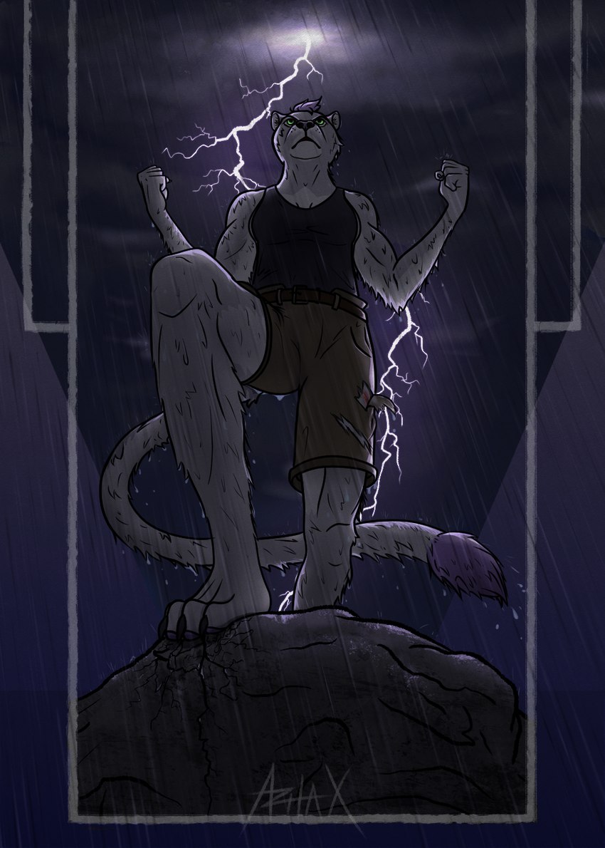 anthro clothing cloud cracks female fur green_eyes muscular purple_body purple_fur raining rock solo storm strength thunder wet wet_body wet_clothing wet_fur azhax felid lion mammal pantherine cloudy_(disambiguation) hi_res