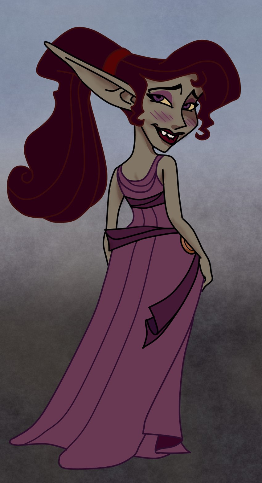 bite biting_lip blush clothed clothing dress female grey_body grey_skin hair long_ears long_hair looking_at_viewer looking_back not_furry purple_clothing purple_dress purple_eyes solo bunny75 disney disney's_hercules megara goblin humanoid hi_res