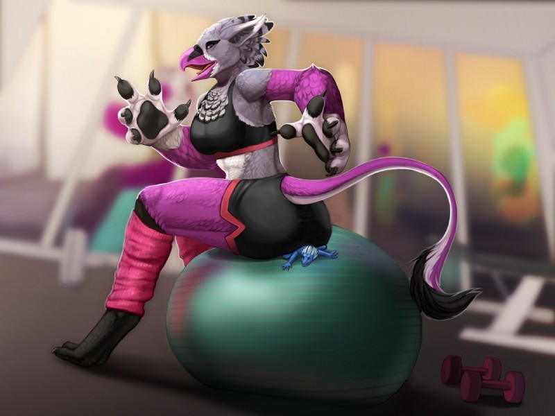 anthro athletic_wear ball bottomwear bra clothing duo exercise exercise_ball female gym larger_female male micro sat_on shorts sitting sitting_on_another sitting_on_ball size_difference smaller_male sports_bra tail underwear workout theowlette mythology hida avian dragon mythological_creature mythological_scalie scalie 2016 4:3