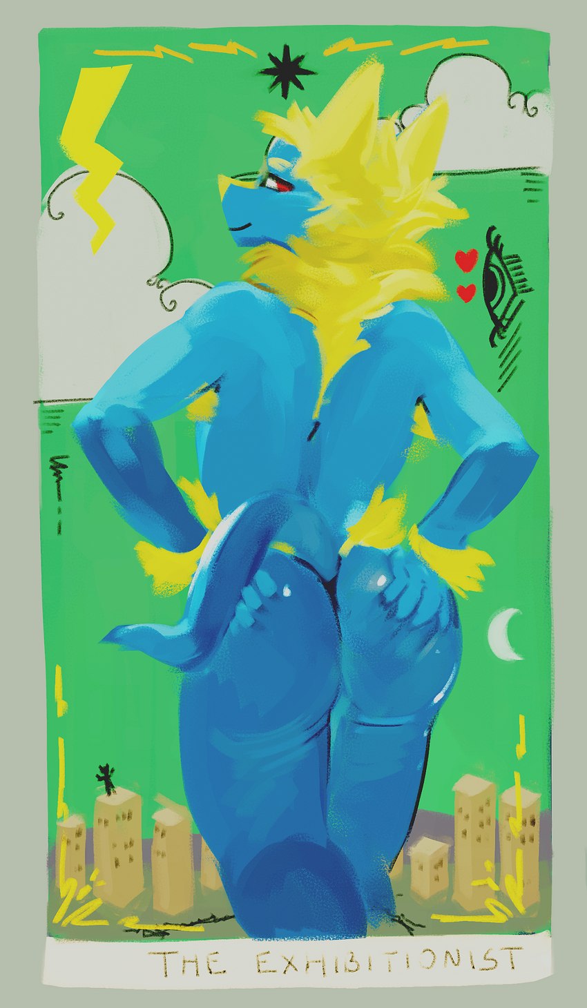 armpit_hair back_tuft blonde_hair blue_body blue_fur blue_tail body_hair butt card card_template cloud duo fortune_telling fur glistening glistening_butt hair half-closed_eyes looking_back male narrowed_eyes neck_tuft rear_view red_eyes smile solo_focus standing tail tarot tarot_card tuft yellow_body yellow_ears yellow_fur yellow_nose oselotti nintendo pokemon dialuca01 generation_3_pokemon manectric pokemon_(species) hi_res