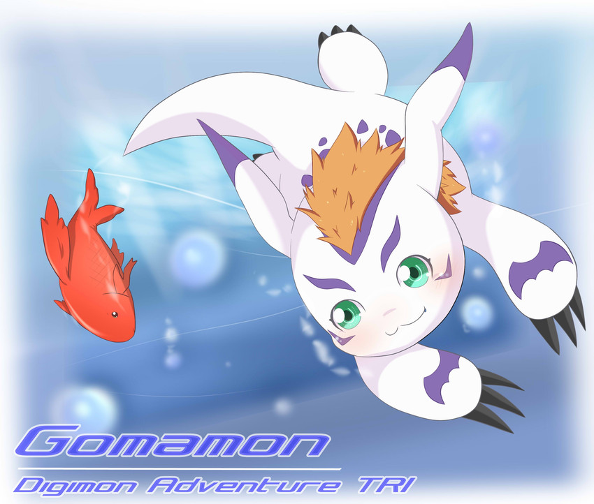 ambiguous_gender blush bubble claws feral fur green_eyes hair lying markings mohawk open_mouth orange_hair outside purple_markings red_body simple_background smile solo text toe_claws underwater water white_body white_fur toruu bandai_namco digimon digimon_(species) fish gomamon mammal marine pinniped absurd_res english_text hi_res