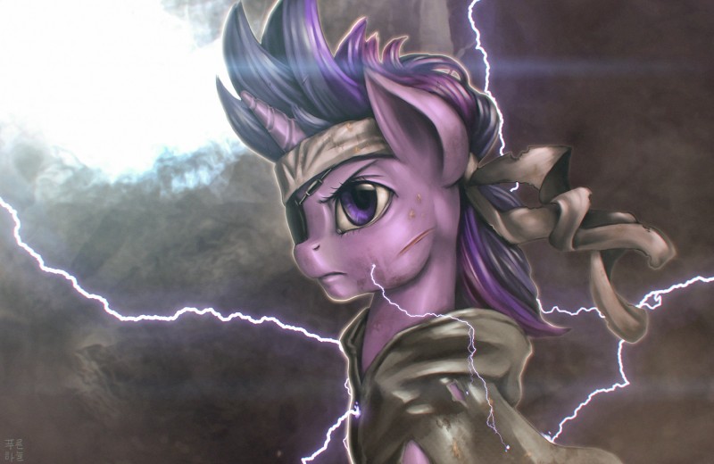 abstract_background accessory clothing electricity eye_patch eyewear female feral frown fur hair headband horn lightning multicolored_hair purple_body purple_eyes purple_fur scar solo torn_clothing mrs1989 friendship_is_magic hasbro konami metal_gear my_little_pony mythology future_twilight_sparkle twilight_sparkle_(mlp) equid equine mammal mythological_creature mythological_equine unicorn 2014 crossover hi_res