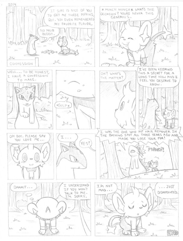 blush dialogue disappointed duo eating eyes_closed feral food forest humor male outside plant poffin text tree wood sl350 nintendo pokemon felid generation_2_pokemon generation_4_pokemon mammal pokemon_(species) quilava shinx 2014 black_and_white comic english_text hi_res monochrome