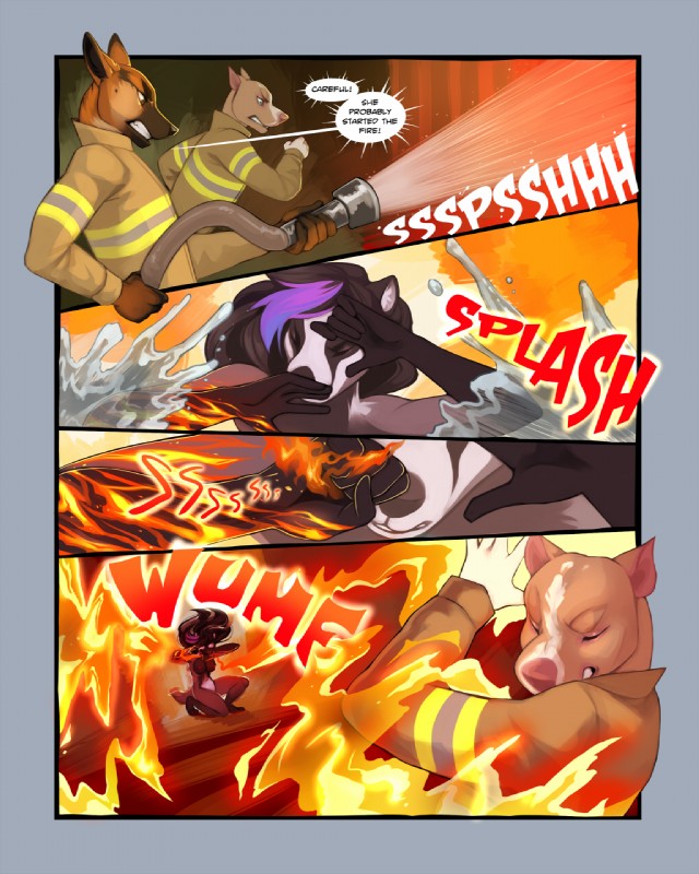 anthro attack backfire black_body black_fur black_hair black_nose breasts clothed clothing dialogue female fire firefighter fur group hair highlights_(coloring) male nipples nude onomatopoeia pain panicking pink_highlights prejudice scared sound_effects speech_bubble superpowers tan_body tan_fur teeth text white_body white_fur demicoeur cinderfrost fiera_(cinderfrost) badger canid canine canis domestic_dog german_shepherd herding_dog mammal mustelid musteline pastoral_dog pit_bull 2018 4:5 comic digital_media_(artwork) english_text hi_res