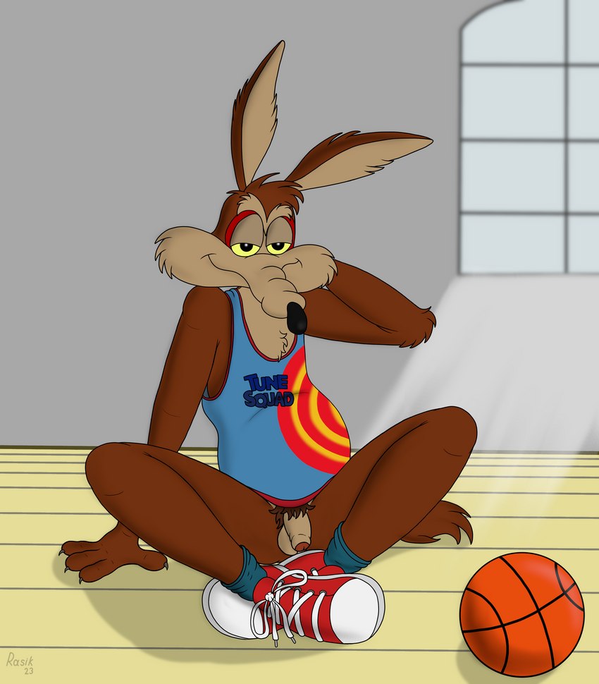 anthro ball balls basketball basketball_(ball) basketball_uniform bottomless clothed clothing footwear genitals male nude partially_clothed penis pubes shirt shoes sitting sneakers solo sportswear spread_legs spreading tank_top topwear tune_squad_outfit tune_squad_outfit_(2021) uniform yellow_eyes rasik looney_tunes space_jam space_jam:_a_new_legacy warner_brothers wile_e._coyote canid canine canis coyote mammal absurd_res hi_res