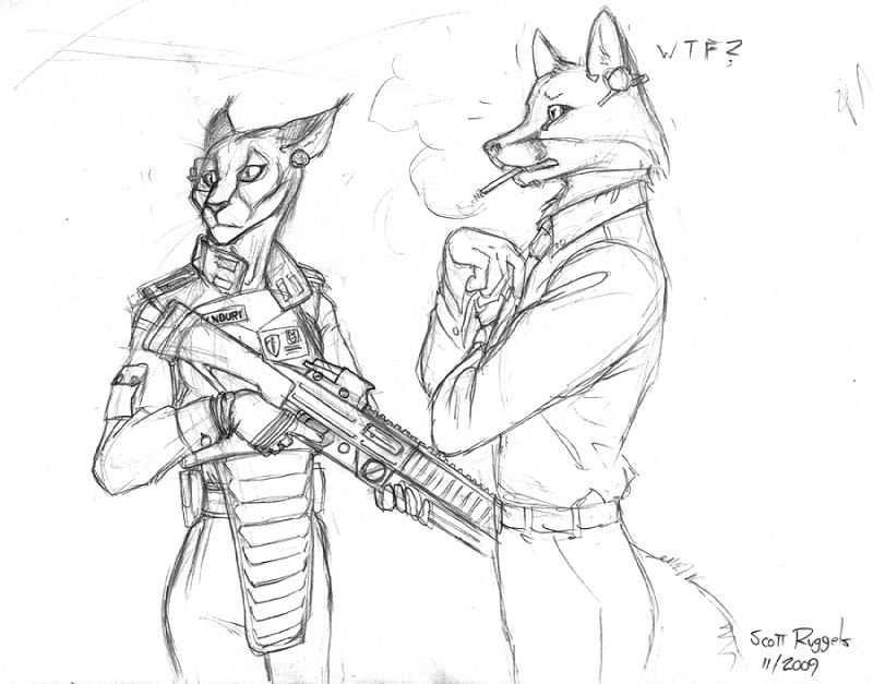 anthro armor duo female gun male ranged_weapon rifle tail weapon scott_ruggels jonathan_porter_(thejadedkitsune) canid canine caracal caracal_(genus) domestic_cat felid feline felis fox mammal monochrome