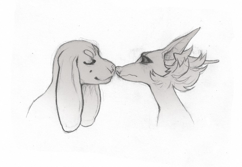 anthro duo fluffy imminent_kiss long_ears male male/male romantic kalpeakoira machete_(kalpeakoira) vasco_(kalpeakoira) canid canine canis domestic_dog mammal graphite_(artwork) greyscale hi_res monochrome traditional_media_(artwork)