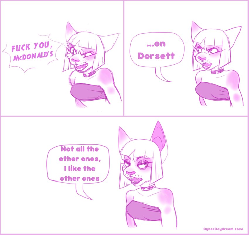 3_panel_comic angry anthro border breasts clothing collar dialogue eyebrow_through_hair eyebrows eyelashes fangs female female_anthro fur fur_markings furrowed_brow furrowed_eyebrows hair half-closed_eyes markings medium_hair narrowed_eyes pink_border pink_clothing pink_collar pink_eyelids pink_markings pink_nose pink_tongue pink_topwear pink_tube_top profanity simple_background solo speech_bubble teeth text tongue topwear translucent translucent_hair tube_top white_background white_body white_fur chotpot rio_(corpsemom) domestic_cat felid feline felis mammal 2020 artist_name comic dated digital_media_(artwork) english_description english_text monochrome pink_and_white