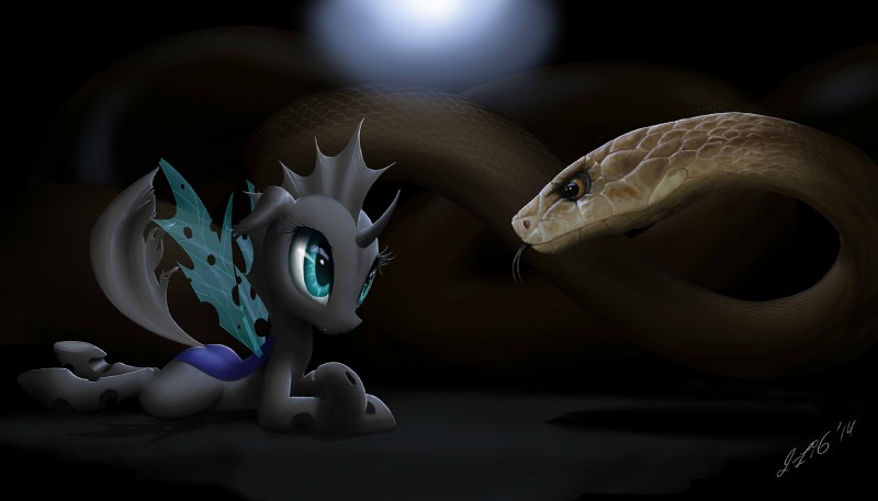 ambiguous_gender black_background blue_eyes darkness duo feral fur horn insect_wings lying simple_background tongue wings zigword friendship_is_magic hasbro my_little_pony drone_(mlp) arthropod changeling equid mammal reptile scalie snake 2014 hi_res