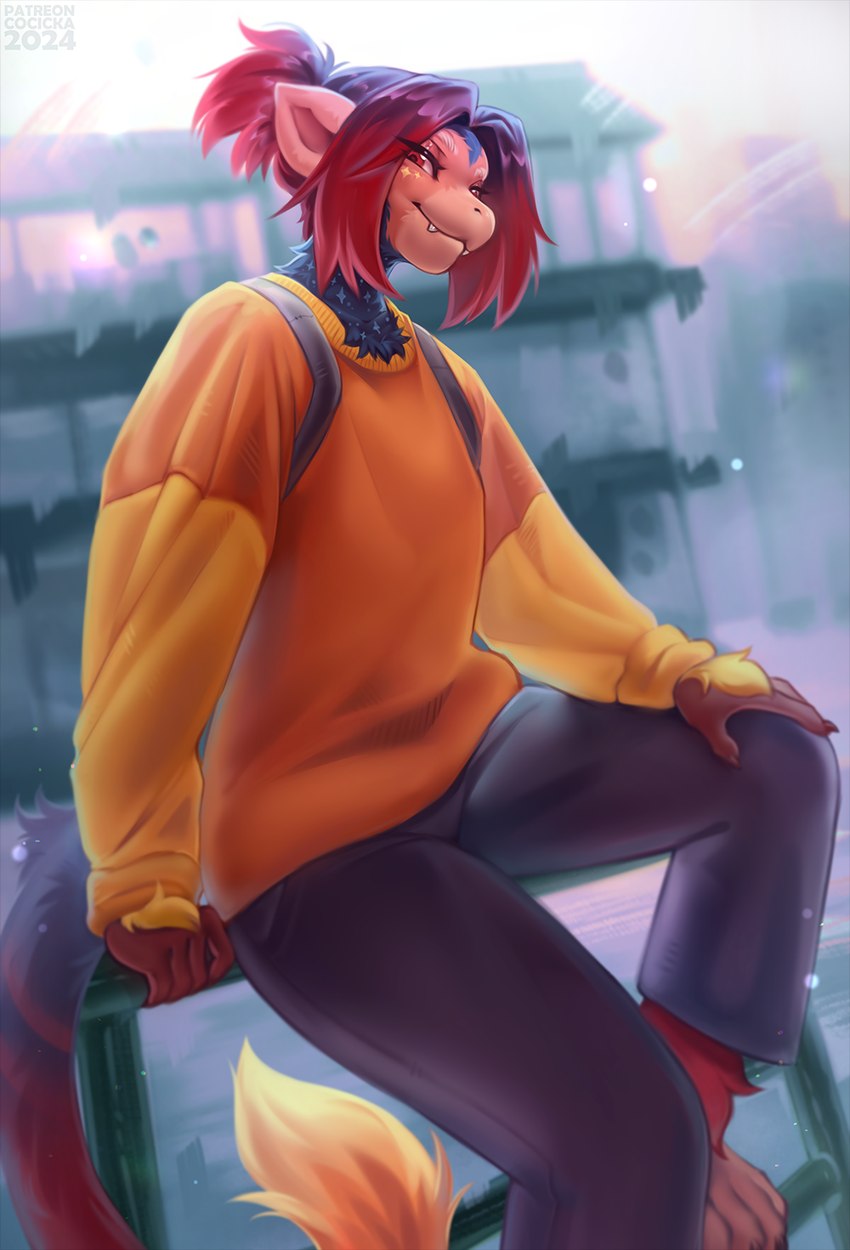 anthro bag bottomwear city city_background cityscape clothed clothing day daybreak female fencing fur hair highlights_(coloring) looking_at_viewer morning pants smile solo sweatshirt teeth urban cocicka conditional_dnp haplorhine mammal monkey primate hi_res