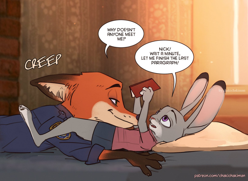 anthro bed clothed clothing detailed_background dialogue duo female fully_clothed furniture inside male on_bed purple_eyes speech_bubble text chakichakiman disney zootopia judy_hopps nick_wilde canid canine fox lagomorph leporid mammal rabbit red_fox true_fox 2020 comic english_text hi_res url