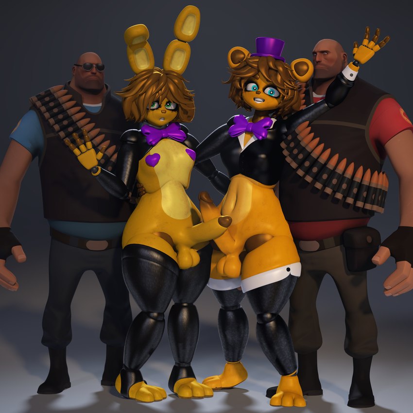 a-pose anthro bald balls big_balls big_penis blue_eyes bow_tie clothing erection eyewear femboy genitals green_eyes group hat headgear headwear legwear machine male penis sunglasses thick_thighs thigh_highs top_hat foxgirlnsfw five_nights_at_freddy's scottgames team_fortress_2 valve fredbear_(fnaf) heavy_(team_fortress_2) spring_bonnie_(fnaf) animatronic bear human lagomorph leporid mammal rabbit robot 1:1 3d_(artwork) absurd_res digital_media_(artwork) hi_res