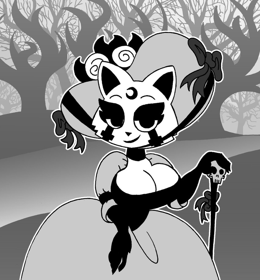 anthro black_body bone breasts cane cleavage clothed clothing crossgender female half-closed_eyes hat headgear headwear looking_at_viewer multicolored_body narrowed_eyes skull solo two_tone_body white_body rexon02 rex_raccoon_(rexon02) mammal procyonid raccoon hi_res monochrome