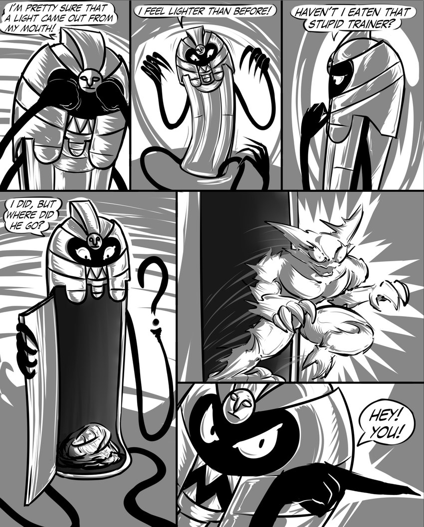 ambiguous_gender angry dialogue duo gesture hand_gesture multi_arm multi_limb open_mouth pointing question_mark rubbing_eyes running sharp_teeth speech_bubble teeth text thinking_pose dragmon nintendo pokemon cofagrigus generation_1_pokemon generation_5_pokemon haunter pokemon_(species) 2019 comic english_text greyscale hi_res monochrome