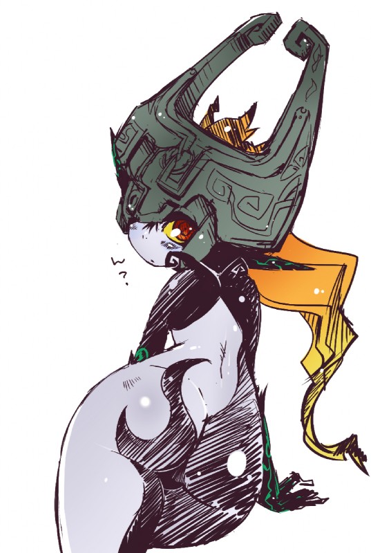 big_butt blush butt female looking_at_viewer looking_back not_furry question_mark red_eyes solo wide_hips yellow_sclera yakibuta nintendo the_legend_of_zelda twilight_princess midna humanoid twili hi_res