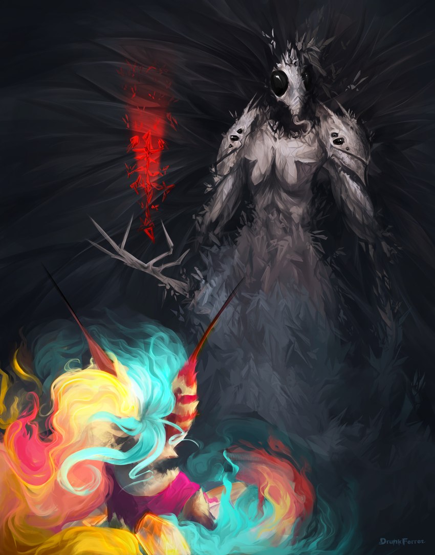 abstract_art anthro black_eyes duo female fur lying male multicolored_body multicolored_fur on_back surrealism wings drunk_ferret helluva_boss beelzebub queen_bee-lzebub_(helluva_boss) arthropod canid canine demon fox humanoid hybrid insect mammal absurd_res hi_res