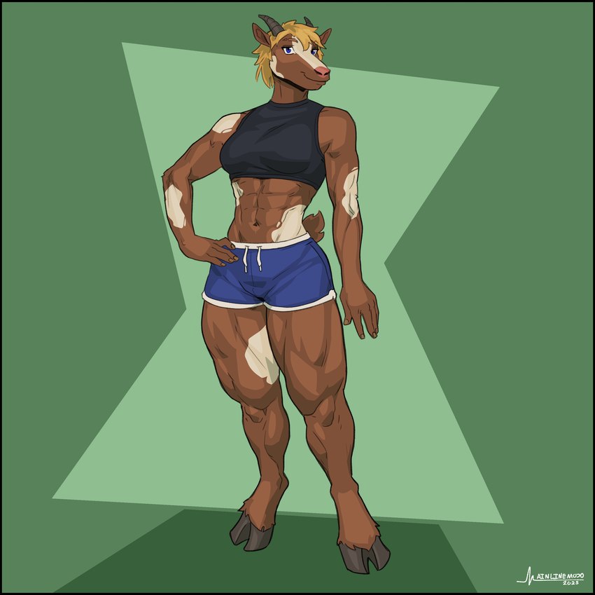 5_fingers abs anthro athletic athletic_anthro athletic_female black_border blonde_hair blue_eyes border bottomwear breasts brown_body brown_fur clothed clothing cloven_hooves female fingers fur hair hand_on_hip hand_on_own_hip hooves horn hotpants midriff multicolored_body multicolored_fur short_hair shorts solo standing topwear two_tone_body two_tone_fur white_body white_fur greasymojo mammal 2025 absurd_res full-length_portrait hi_res portrait signature