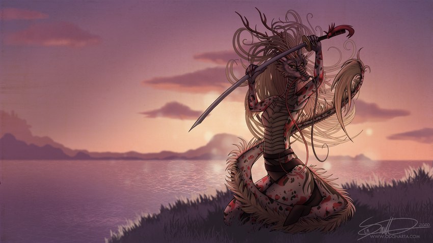 angry anthro blonde_hair chinese eastern eye_contact female hair katana lake looking_at_another looking_at_viewer melee_weapon pose raised_tail simple_background sky solo sunset sword tail tan_body text water weapon odonarta asian_mythology east_asian_mythology mythology iavyaling_xi_mauryl dragon eastern_dragon mythological_creature mythological_scalie scalie oriental pinup