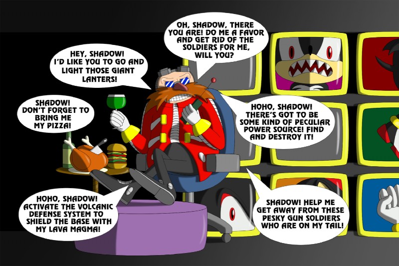 anthro burger dialogue food male meat text turkey_meat johnbrain93 sega sonic_the_hedgehog_(series) dr._eggman shadow_the_hedgehog eulipotyphlan hedgehog human mammal 3:2 english_text