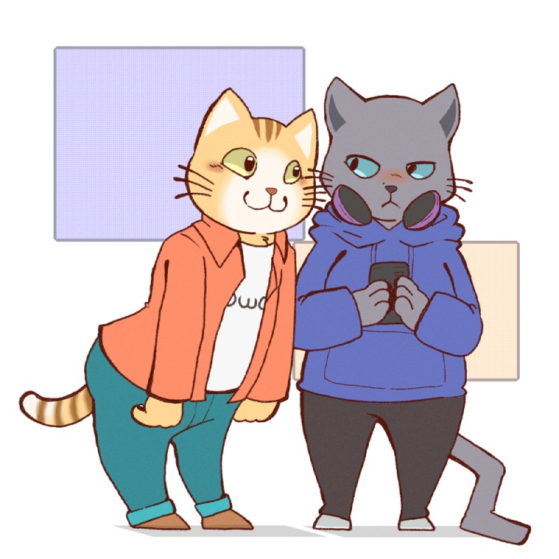 :3 :< anthro arms_bent blue_eyes blush closed_frown clothed clothing dangling_arms duo electronics extended_arms frown hands_together headphones holding_object holding_phone hoodie leaning leaning_forward looking_aside looking_at_another male markings mouth_closed multicolored_tail owo phone simple_background standing straight_legs striped_markings striped_tail stripes tail tail_markings topwear whiskers white_background wishbone_mouth yellow_eyes reisho working_buddies! kuehiko_roshihara tapio_chatarozawa domestic_cat felid feline felis mammal 1:1 2018