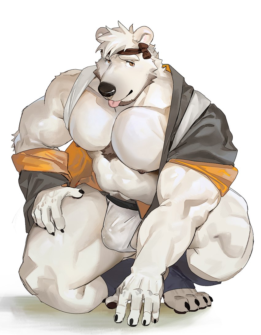 5_fingers anthro beard biceps blep body_hair bulge chest_hair clothing facial_hair fingers fur hair ineffective_clothing kerchief male muscular muscular_anthro muscular_male nipples pecs simple_background tongue tongue_out underwear white_background seatohao bear mammal hi_res