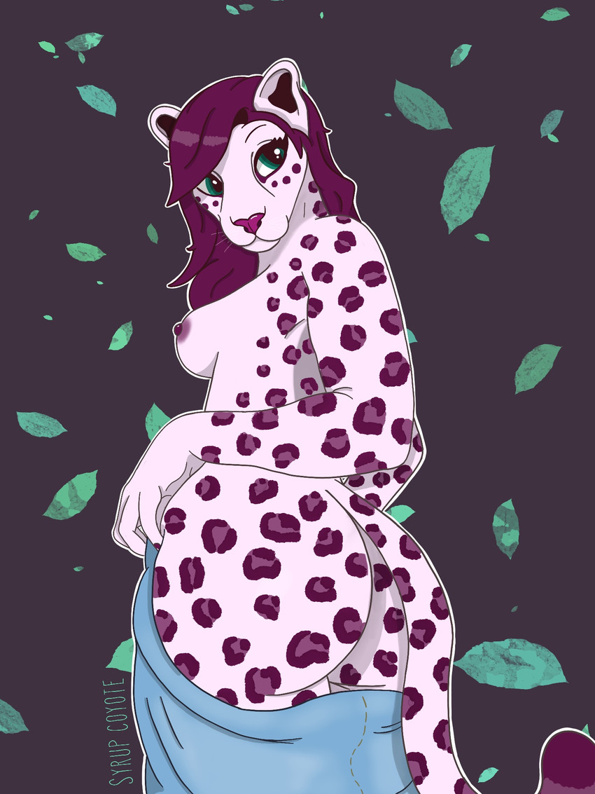 anthro big_butt bottomwear breasts butt cheek_spots clothing denim denim_clothing erect_nipples female green_eyes hair leaf long_hair long_tail looking_back nipples plant purple_body purple_hair purple_spots skirt smile solo spots tail syrupcoyote raspberry_(syrupcoyote) felid feline leopard mammal pantherine 3:4 hi_res signature