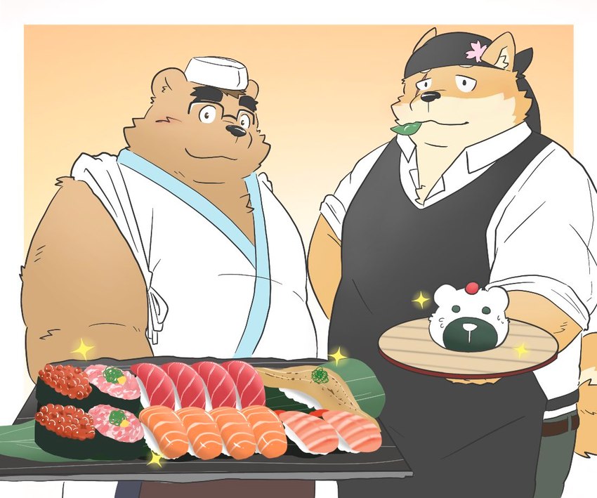 anthro apron belly big_belly bottomwear brown_body brown_fur clothed clothing duo eyewear food fur glasses hat headgear headwear kemono male onigiri overweight overweight_male pants rice shirt sushi topwear hon55728 bear canid canine canis domestic_dog mammal 2021