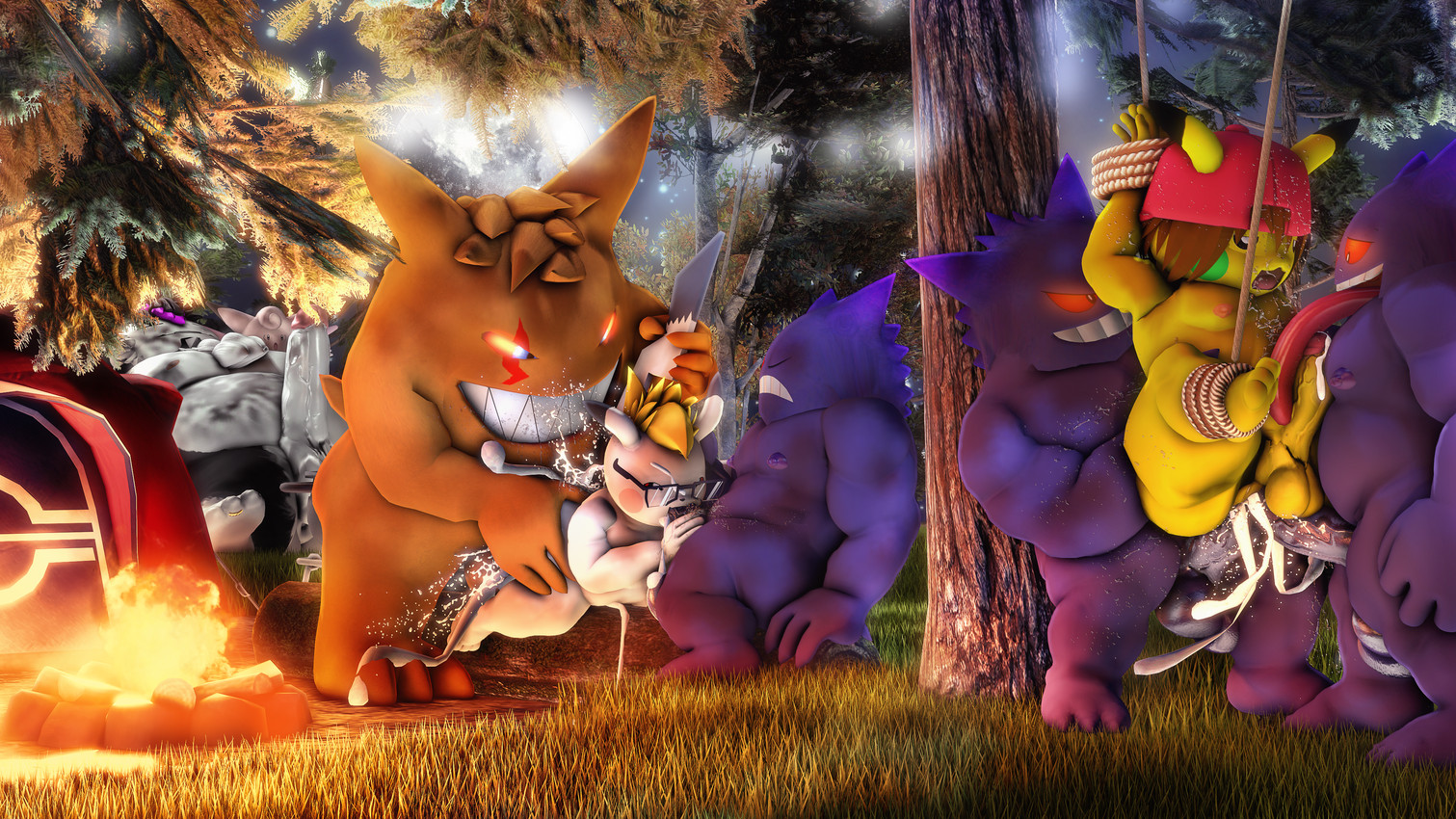 3_toes 4_fingers 5_fingers alternative_fashion anthro anthrofied balls being_watched belly big_balls big_butt big_penis black_body blonde_hair bodily_fluids brown_hair butt campfire camping_tent clothing cooking_pot cum cum_inside dominant double_penetration emo erection evil_grin eye_scar eyewear facial_scar feet fellatio fingers forest fur genital_fluids genitals glasses glowing glowing_eyes grass grey_eyes group hair hanging_by_ankles hanging_by_wrists hat hat_only headgear headgear_only headwear headwear_only huge_penis huge_tongue leaf leaking_cum licking light looking_at_another male male/male moobs moon moonlight mostly_nude multicolored_body musclegut muscular night nipples oral orange_body orange_fur orange_sclera orgasm overweight penetration penile penis penis_lick piercing pink_body pink_hair pink_penis pink_penis_tip plant purple_body purple_fur purple_nipples questionable_consent red_sclera rope rough_sex scar sex sharp_teeth sleeping smile submissive tail tail_pull tan_body teeth thick_penis thick_thighs tired_eyes toes tongue tree two_tone_body white_body yellow_body moonwulf nintendo pokemon fan_character kozmar ozul_(moonwulf) clefable generation_1_pokemon gengar pikachu pokemon_(species) snorlax 16:9 2025 3d_(artwork) 4k absurd_res digital_media_(artwork) hi_res source_filmmaker_(artwork) widescreen