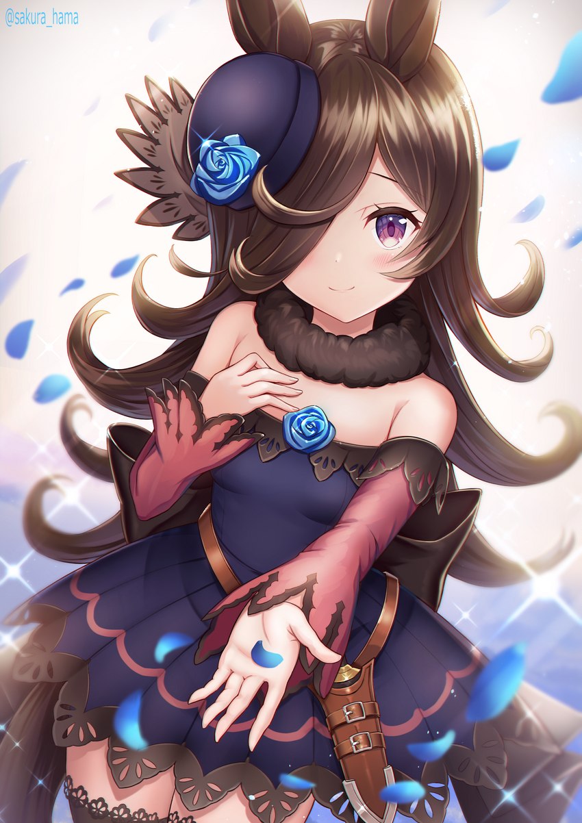 brown_hair clothed clothing dress female flower hair hair_over_eye hat headgear headwear looking_at_viewer one_eye_obstructed petals plant purple_eyes solo sakura_ani cygames uma_musume_pretty_derby rice_shower_(pretty_derby) animal_humanoid equid equid_humanoid equine equine_humanoid horse_humanoid humanoid mammal mammal_humanoid 2021 hi_res