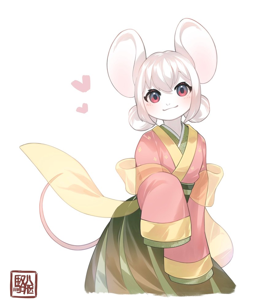 anthro asian_clothing breasts chinese_clothing clothed clothing east_asian_clothing female hair hanfu looking_at_viewer simple_background smile solo white_background white_hair kawarage_yatano mammal mouse murid murine rodent hi_res