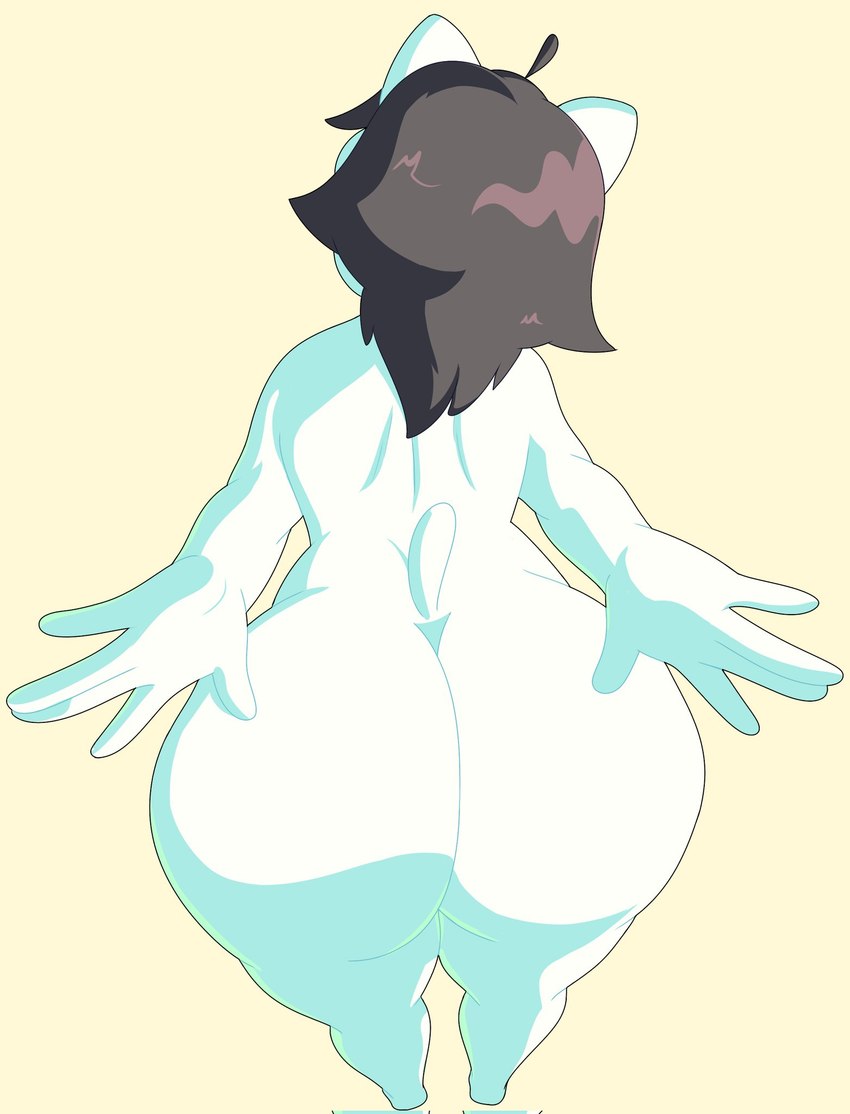 5_fingers anthro big_butt black_hair butt female fingers hair nude rear_view solo tail thick_thighs white_body vanillabeangoat undertale undertale_(series) temmie_(undertale) canid canine felid feline mammal tem hi_res