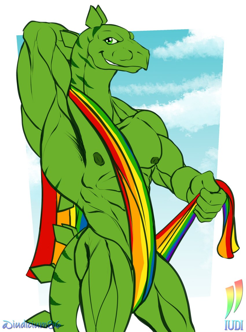 anthro flag flag_(object) green_body green_eyes green_skin holding_flag holding_object lgbt_pride male muscular muscular_anthro muscular_male nipples non-mammal_nipples pride_color_flag pride_colors rainbow rainbow_flag rainbow_pride_colors rainbow_pride_flag rainbow_symbol six-stripe_rainbow_pride_colors smile solo tail iudicium86 extreme_dinosaurs stegz dinosaur ornithischian prehistoric_species reptile scalie stegosaurian stegosaurus thyreophoran hi_res