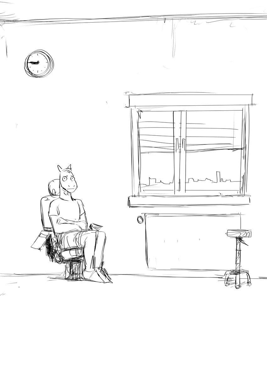 anthro chair clothed clothing doctor's_office fingers furniture male on_chair patient simple_background sitting sitting_on_chair solo window worried worried_face worried_look hladilnik equid equine horse mammal 2023 black_and_white digital_media_(artwork) hi_res monochrome shaded sketch