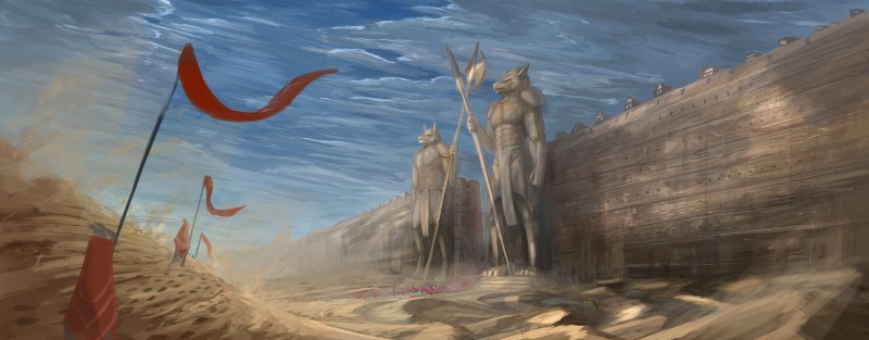 abs ambient_figure ambiguous_gender anthro city_wall day desert detailed_background flag group large_group outside scenery sculpture statue zero_pictured themefinland mythology dragon mythological_creature mythological_scalie scalie 2017 absurd_res digital_media_(artwork) digital_painting_(artwork) hi_res