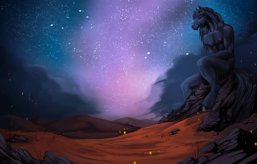 anthro black_body black_fur brown_eyes cloud cosmic_background desert fur galaxy hill hooves male milky_way mountain nature nature_background nude outside rock sand sitting sky solo star starry_background starry_sky i-psilone equid equine horse mammal 2021 digital_media_(artwork) digital_painting_(artwork) hi_res painting_(artwork) wallpaper