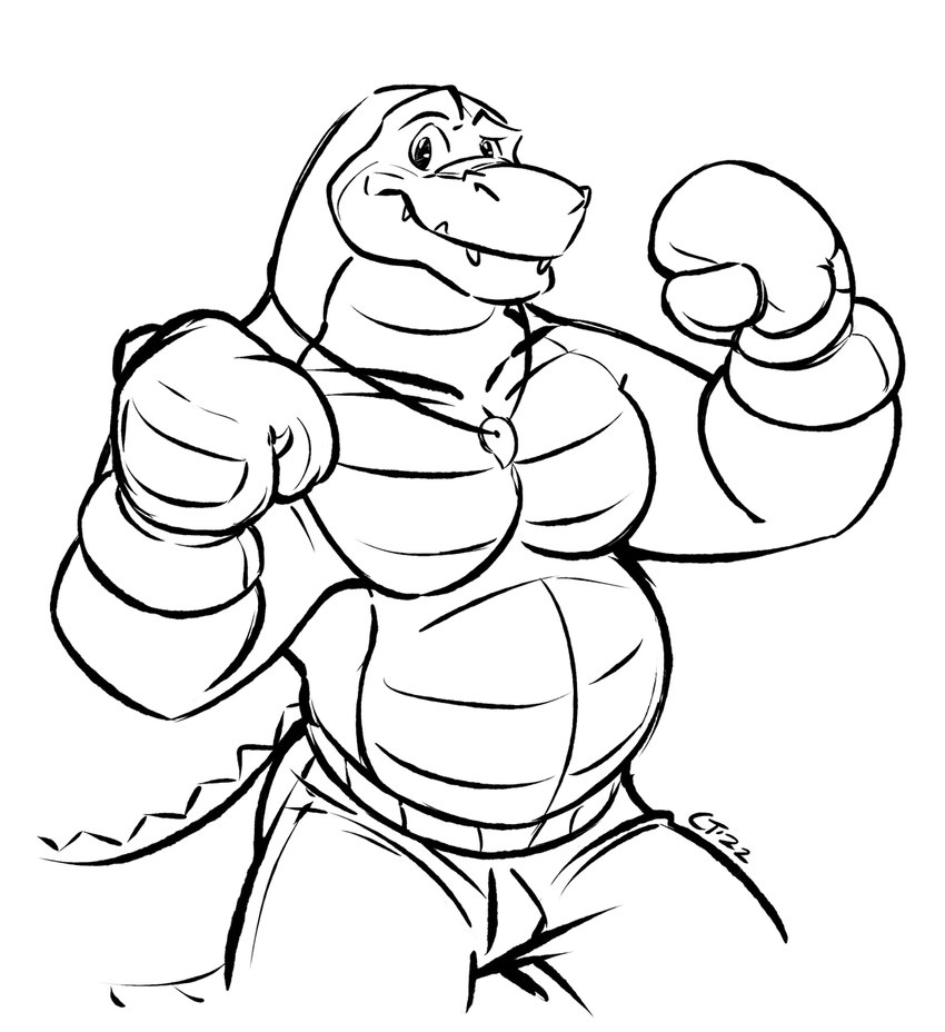 anthro biped bottomwear boxing_gloves boxing_shorts clothing handwear male shorts simple_background slightly_chubby solo kingdomblade brok_the_investigator cowcat_games brok_(brok_the_investigator) alligator alligatorid crocodilian reptile scalie 2022 digital_drawing_(artwork) digital_media_(artwork) hi_res monochrome