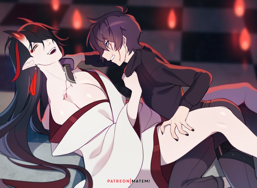 black_clothing black_hair blood bodily_fluids clothed clothing duo hair holding_knife holding_object horn humanoid_pointy_ears knife long_hair male male/male not_furry open_mouth open_smile pointy_ears smile white_clothing matemi asian_mythology east_asian_mythology japanese_mythology mythology shoto_(vtuber) vox_akuma demon demon_humanoid horned_humanoid humanoid oni yokai hi_res