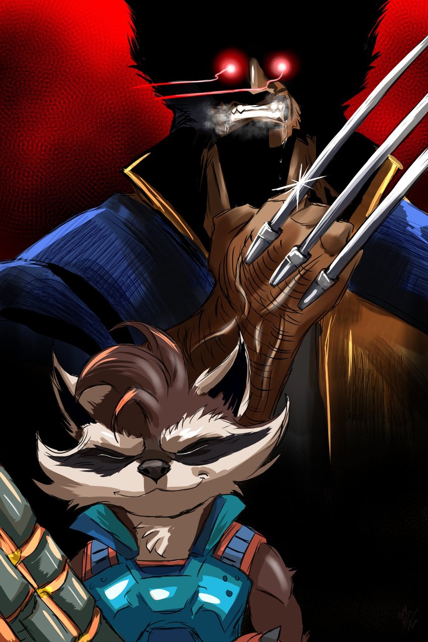 anthro bodily_fluids brown_body brown_fur claws danger duo fur glowing glowing_eyes humor male red_eyes saliva howdypeepos guardians_of_the_galaxy marvel marvel_rivals rocket_raccoon wolverine_(marvel) human mammal procyonid raccoon hi_res