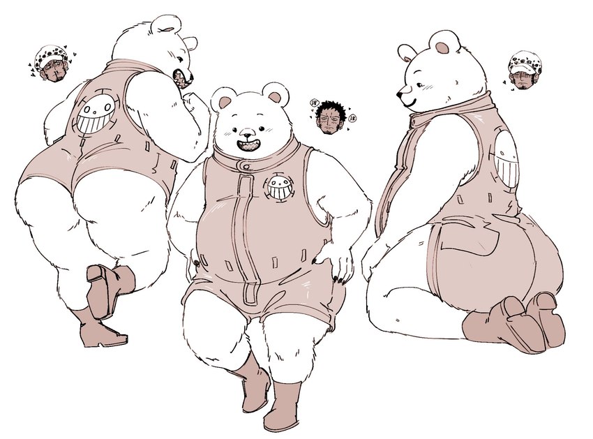 anthro belly big_butt butt clothed clothing duo fur jumpsuit male male/male overweight skimpy white_body white_fur nekokat42 one_piece bepo_(one_piece) trafalgar_law bear human mammal polar_bear ursine hi_res