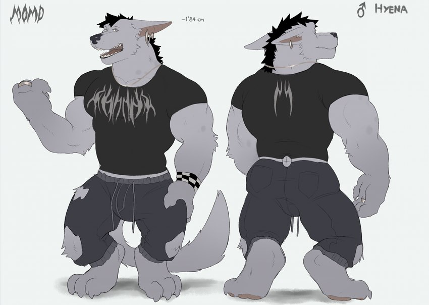 anthro biceps ear_piercing fur male muscular muscular_anthro muscular_male pawpads piercing solo tail fleshformomo momo_(fleshformomo) hyena mammal hi_res model_sheet