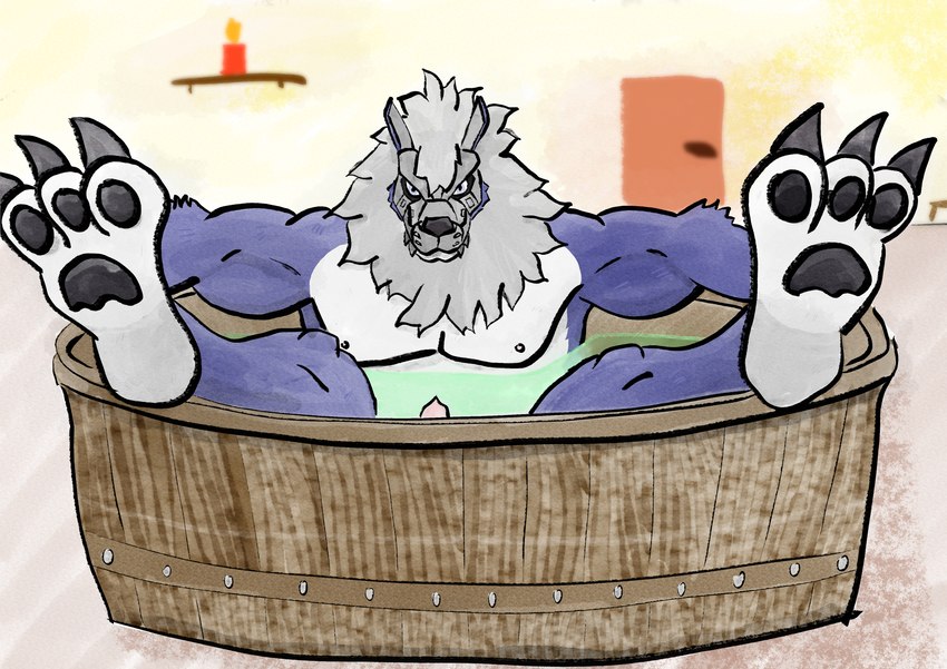 animal_genitalia animal_penis anthro bathing bathtub blue_body blue_eyes blue_fur candle canine_genitalia canine_penis feet front_view fur genitals green_water hindpaw inviting_to_sex male metal_mask muscular muscular_anthro muscular_arms muscular_legs muscular_male paws penis penis_peeking_out_of_water simple_background white_body white_fur teyl'nir_(artist) bandai_namco digimon mythology banchowollviehmon canid canine digimon_(species) mammal mythological_canine mythological_creature werecanid werecanine werecreature werewolf absurd_res hi_res