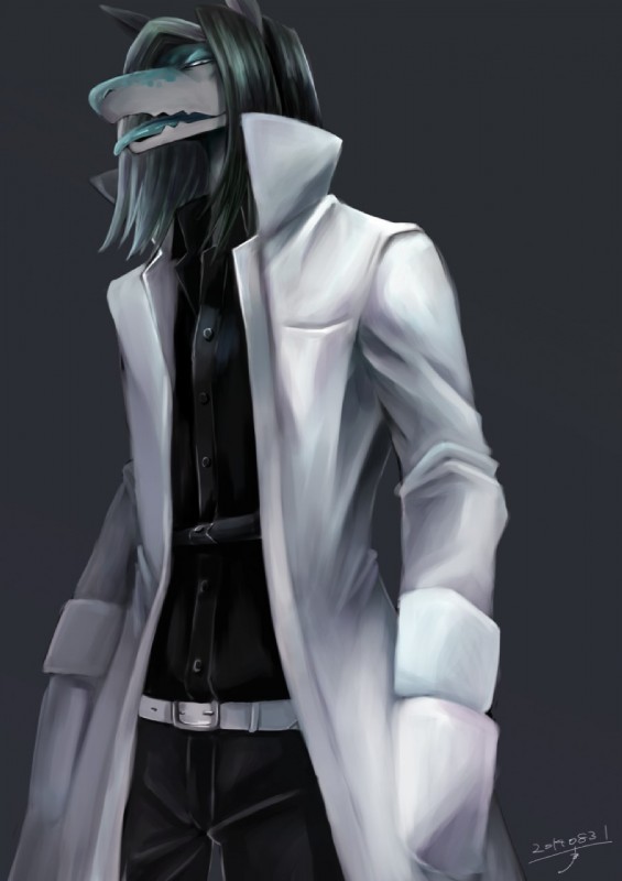 anthro belt black_bottomwear black_clothing black_topwear bottomwear clothed clothing fully_clothed grey_background looking_at_viewer male simple_background solo standing teal_tongue tongue topwear white_clothing kkerotix reptile scalie 2014 hi_res signature